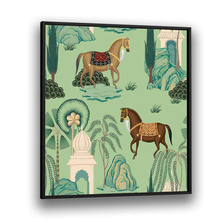 Maharaja's Pride - Royal Horses, Indian Art Paintings showcase elegant steeds in a lush Mughal landscape.