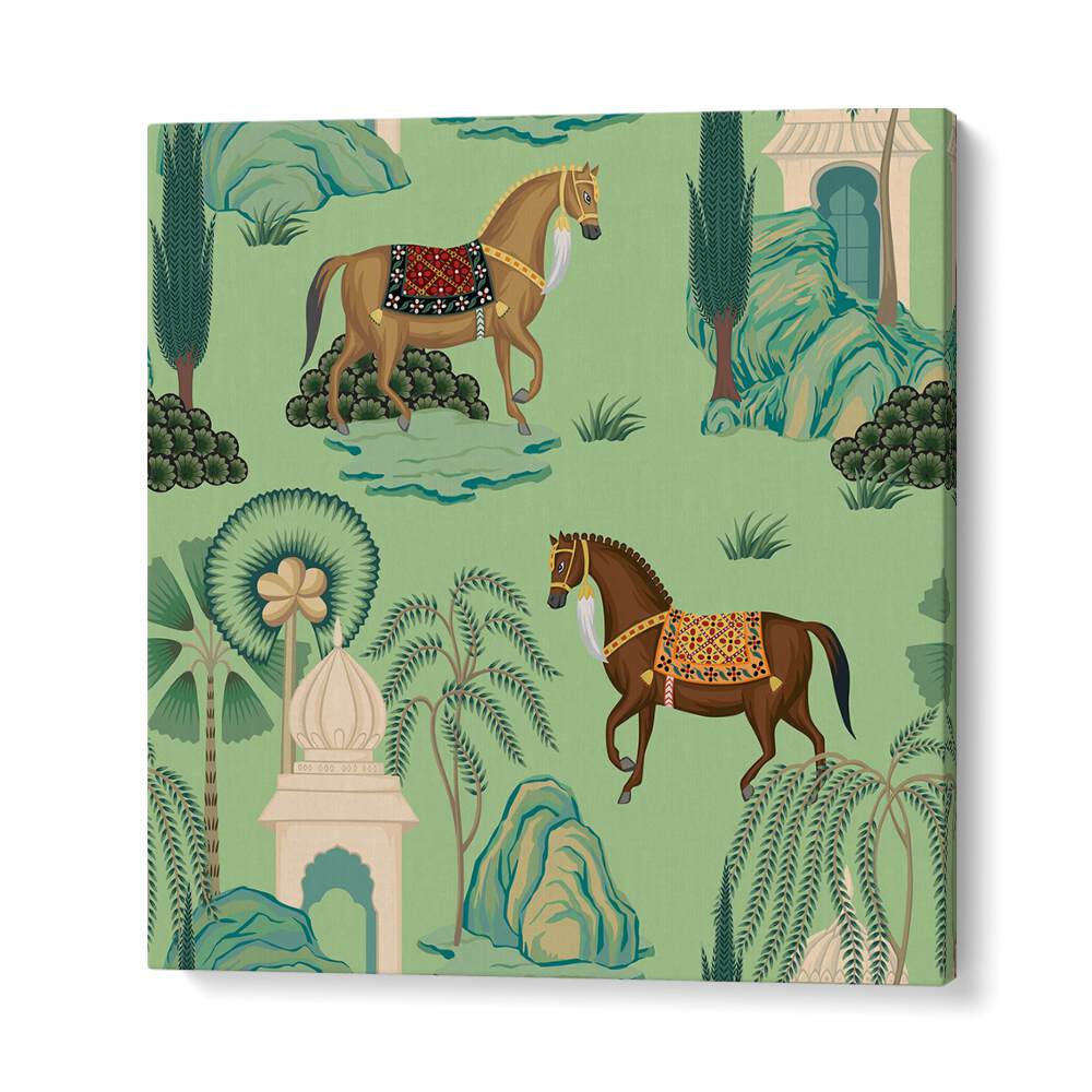 Explore "MAHARAJA'S PRIDE - ROYAL HORSES, INDIAN ART PAINTINGS" featuring majestic horses in a vibrant Mughal scene.