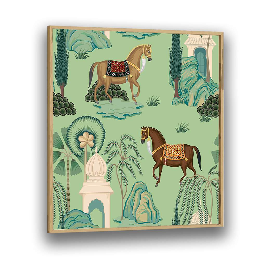 Maharaja's Pride - Royal Horses, Indian Art Paintings showcases majestic horses in a vibrant Mughal-inspired design.