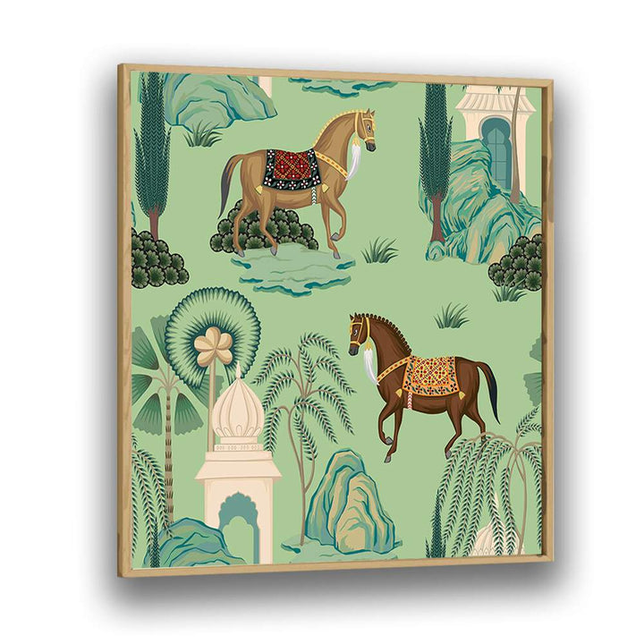 Maharaja's Pride - Royal Horses, Indian Art Paintings showcases majestic horses in a vibrant Mughal-inspired design.