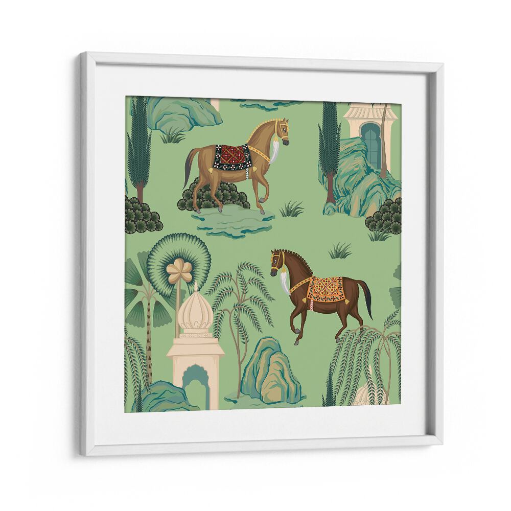 Captivating artwork of MAHARAJA'S PRIDE - ROYAL HORSES, INDIAN ART PAINTINGS showcasing regal horses in motion.