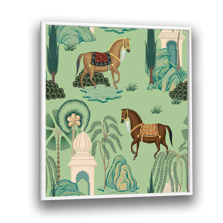 Maharaja's Pride - Royal Horses, Indian Art Paintings showcase majestic horses in a vibrant Mughal-inspired setting.