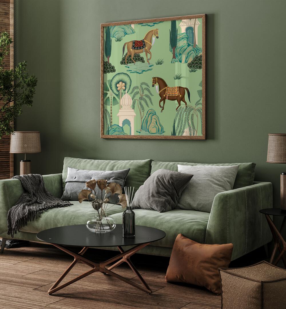 Captivating MAHARAJA'S PRIDE - ROYAL HORSES, INDIAN ART PAINTINGS showcasing regal horses in a vibrant setting.