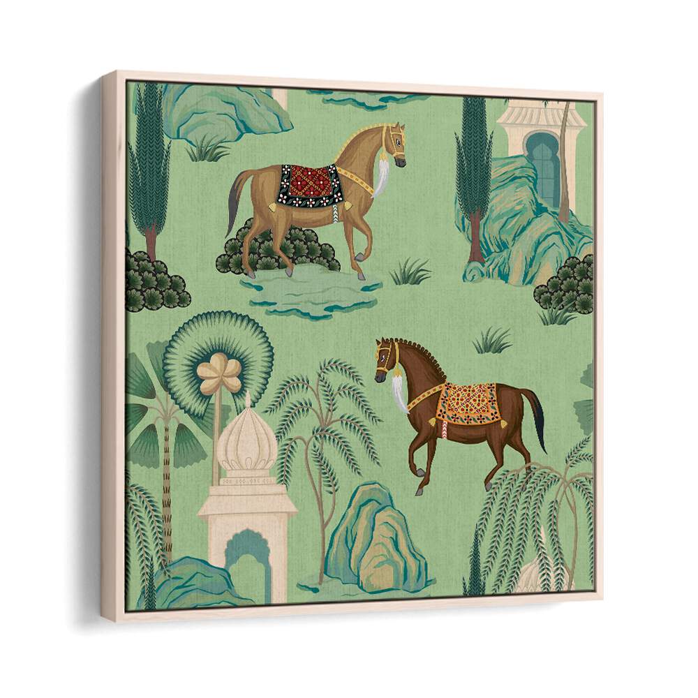 Maharaja's Pride - Royal Horses, Indian Art Paintings showcase majestic horses in a regal Mughal scene.