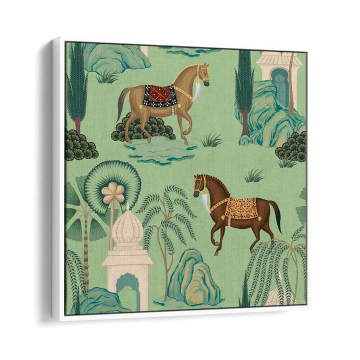 Maharaja's Pride - Royal Horses Indian Art Paintings showcase majestic horses in a vibrant Mughal landscape.