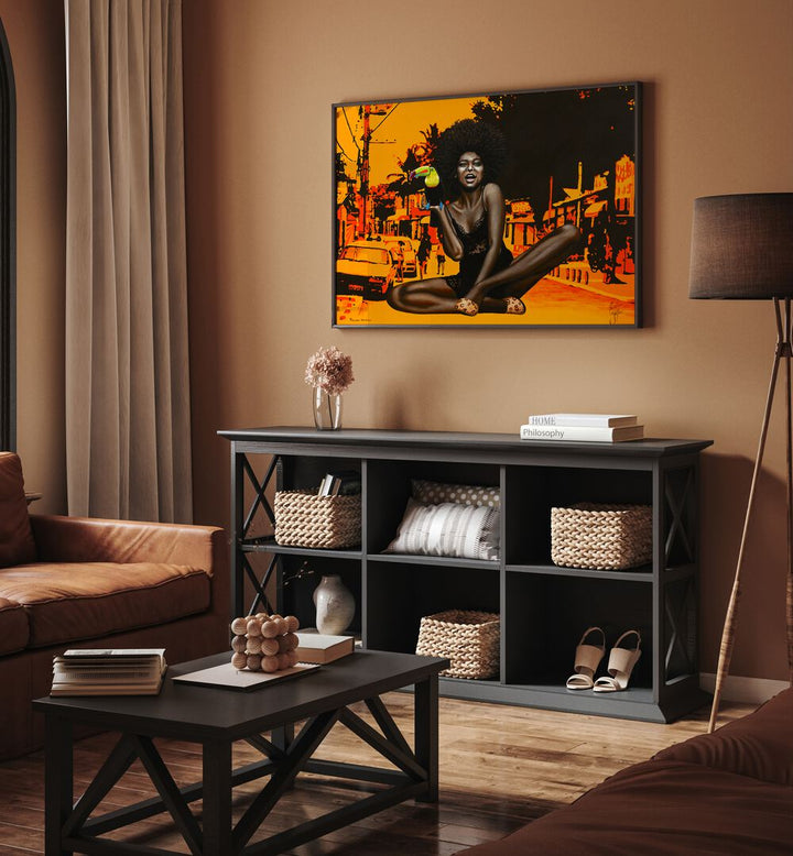 Vibrant MALUCO BELEZA, AFRICAN ART PAINTINGS adorn the wall, enhancing modern decor with cultural flair.