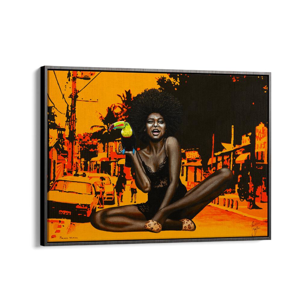 Vibrant MALUCO BELEZA, AFRICAN ART PAINTINGS showcase a joyful woman with a toucan, enhancing your decor beautifully.