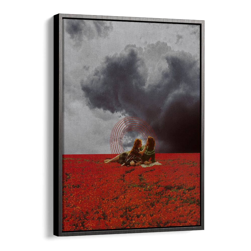 MAMA LOVE, SURREAL ART PRINTS by Space Rocket Art showcases two figures in a vibrant red field under dramatic skies.