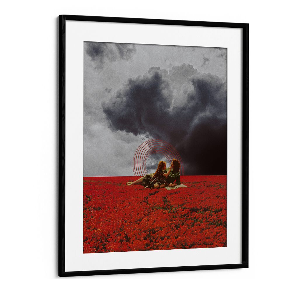 MAMA LOVE, SURREAL ART PRINTS by Space Rocket Art, showcasing a vibrant scene of connection amidst a dramatic landscape.