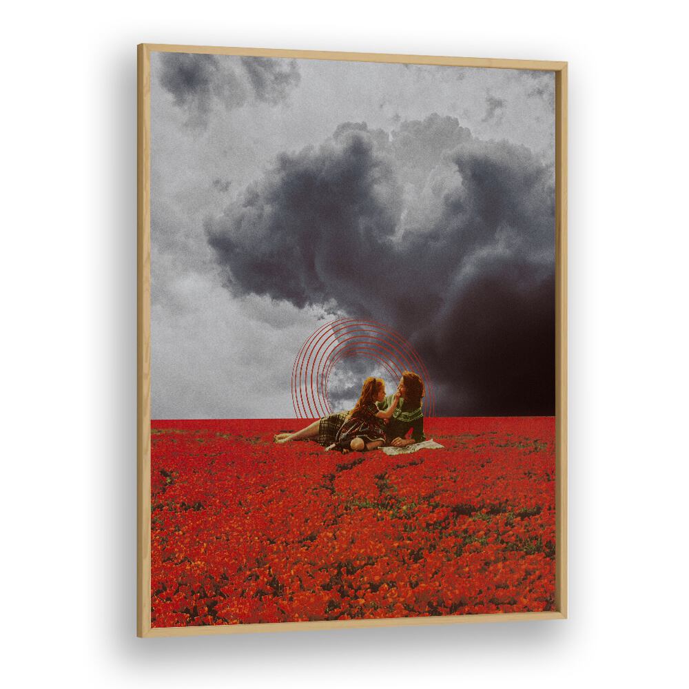 MAMA LOVE, SURREAL ART PRINTS by Space Rocket Art features two figures on a vibrant red field under dramatic clouds.