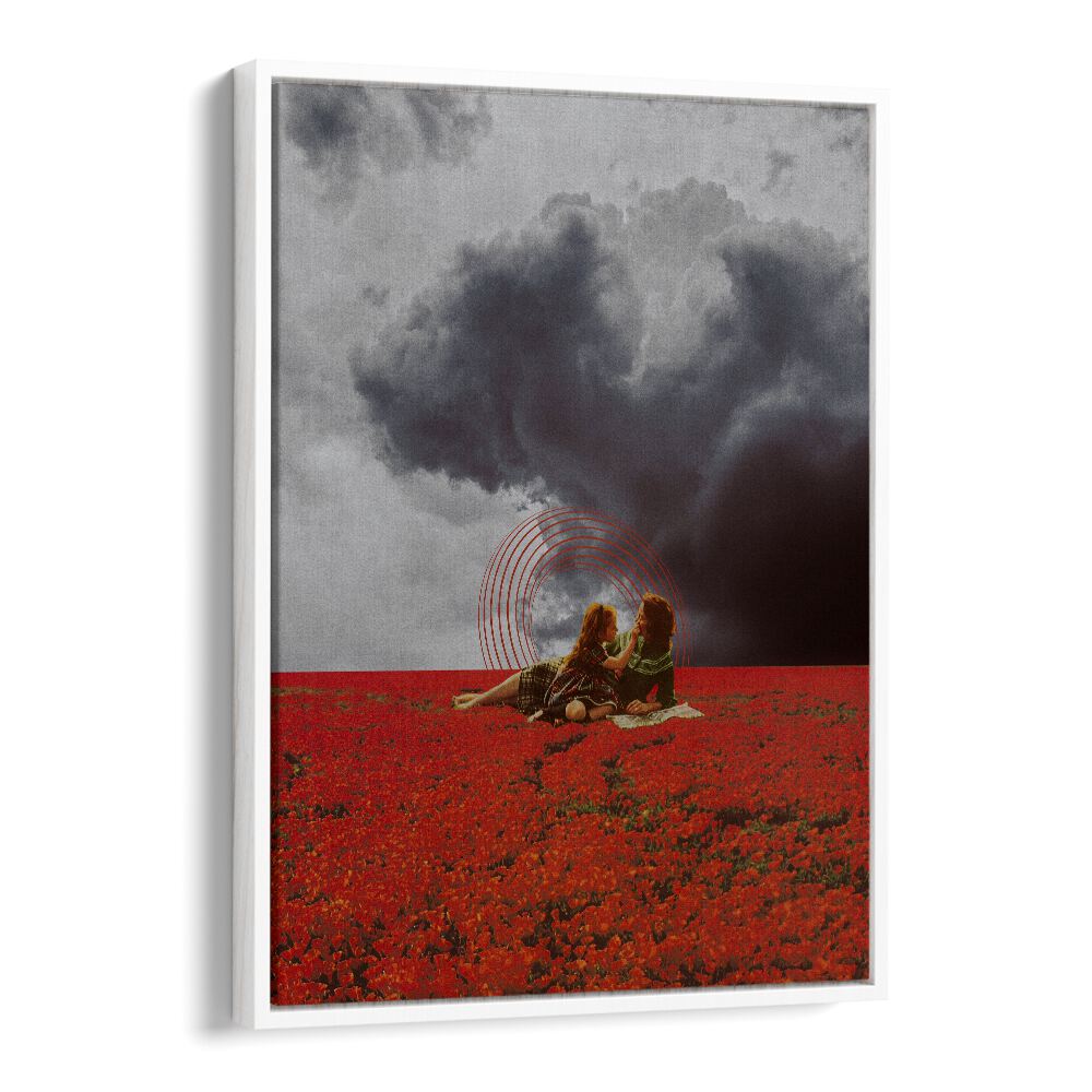 MAMA LOVE, SURREAL ART PRINTS features enchanting figures in a vibrant red field, perfect for art lovers by Space Rocket Art.