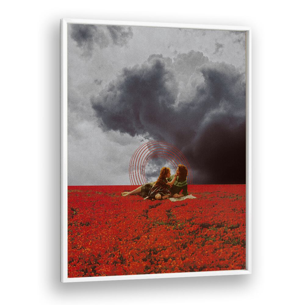 MAMA LOVE, SURREAL ART PRINTS showcase two figures in a vibrant field, capturing enchanting emotions by Space Rocket Art.