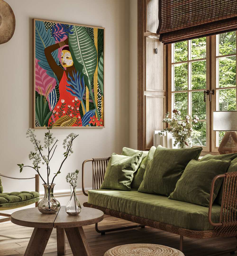 Vibrant artwork "MASK" by Maja Tomjanovic showcases stunning portraits and figurative illustrations for your space.