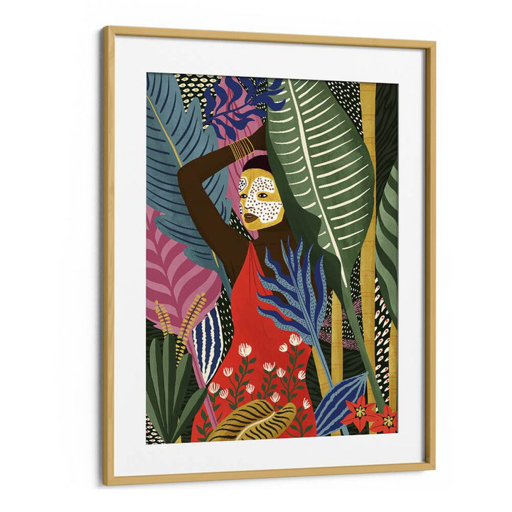 Vibrant artwork "MASK" by Maja Tomjanovic, showcasing portraits in a lush, tropical setting. Perfect for your decor.