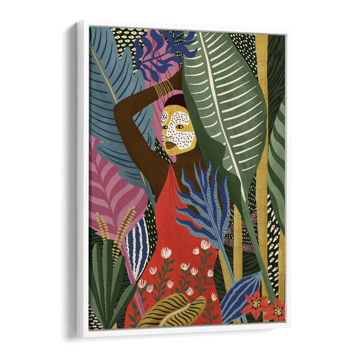 Colorful portrait artwork "MASK" by Maja Tomjanovic, featuring vibrant foliage and a striking figure. Perfect for decor.