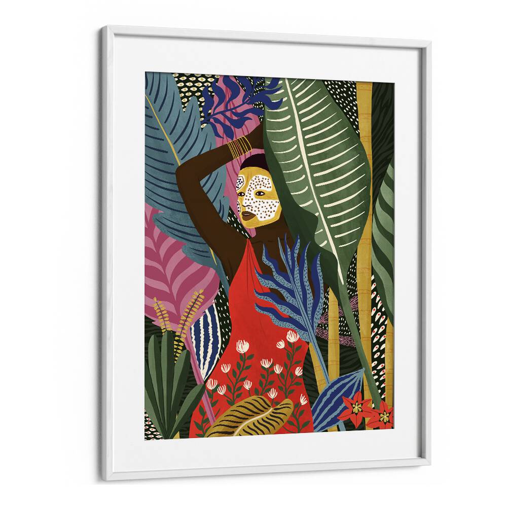Vibrant MASK, PORTRAITS artwork by Maja Tomjanovic, framed with leafy background, perfect for elevating any space.