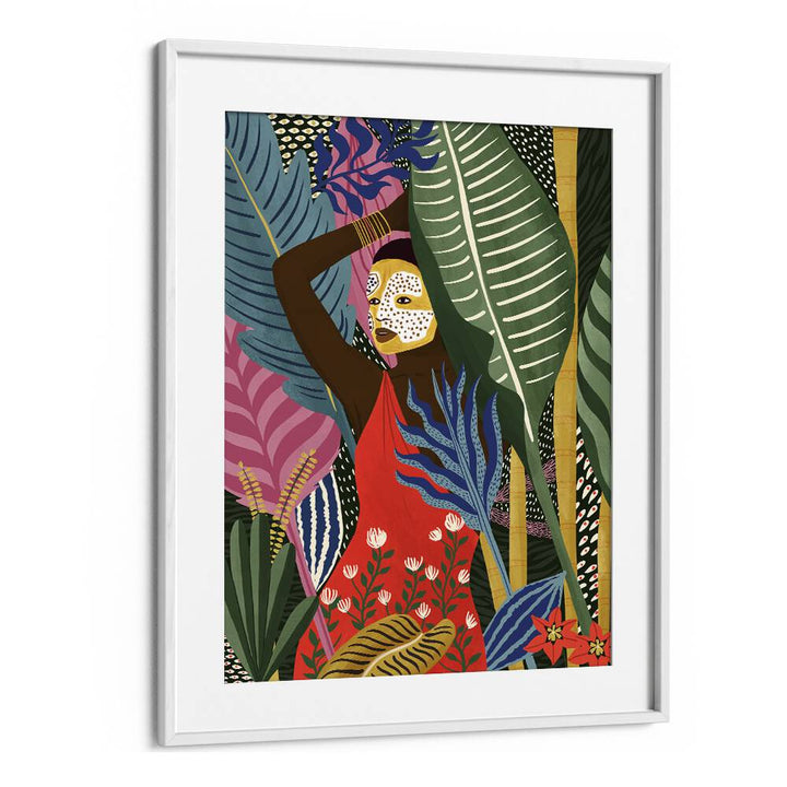 Vibrant MASK, PORTRAITS artwork by Maja Tomjanovic, framed with leafy background, perfect for elevating any space.