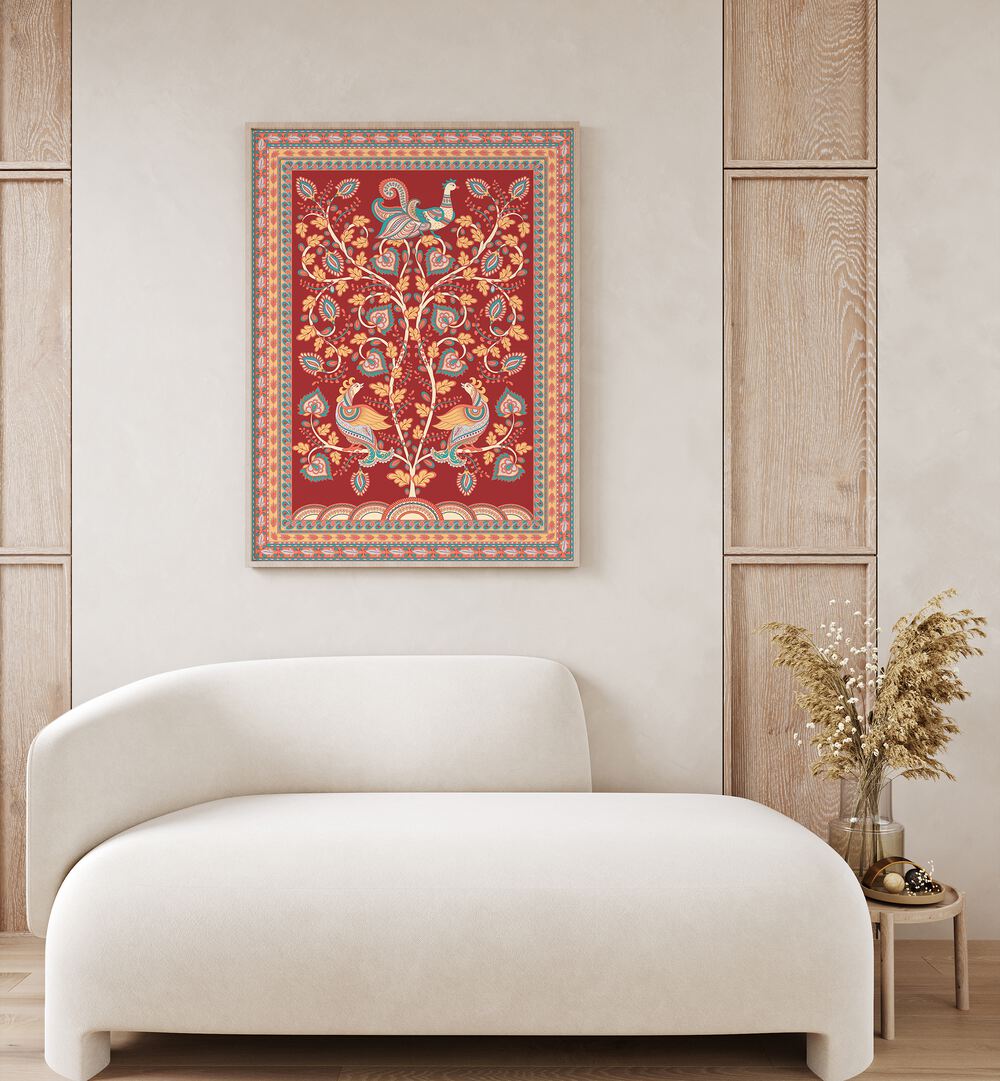Vibrant MAYUR MANTHAN, INDIAN ART PAINTINGS showcasing exquisite Kalamkari craftsmanship in a stylish interior setting.