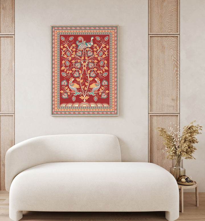 Vibrant MAYUR MANTHAN, INDIAN ART PAINTINGS showcasing exquisite Kalamkari craftsmanship in a stylish interior setting.