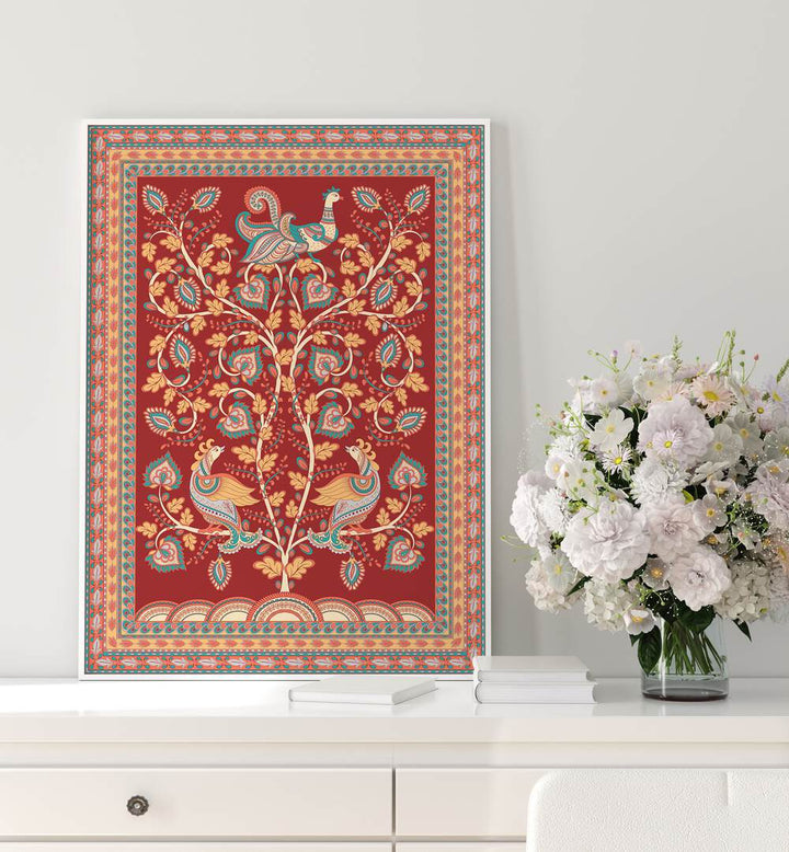 Vibrant MAYUR MANTHAN, INDIAN ART PAINTINGS showcasing traditional Kalamkari art on a decorative wall.