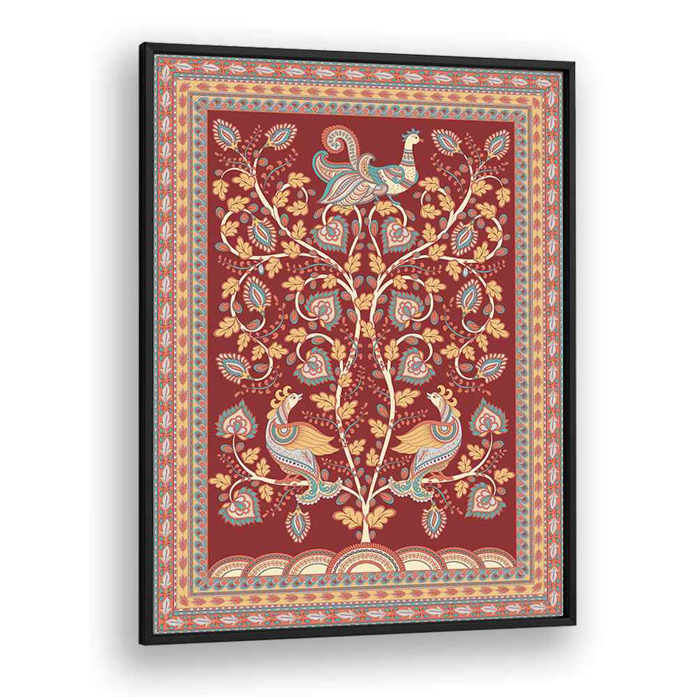 Vibrant MAYUR MANTHAN, INDIAN ART PAINTINGS showcasing exquisite Kalamkari craftsmanship in a sleek black frame.