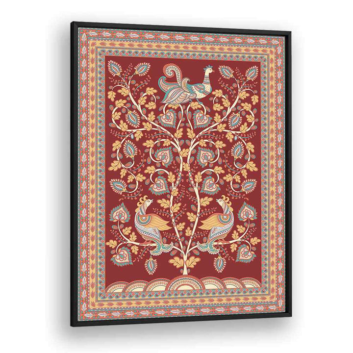 Vibrant MAYUR MANTHAN, INDIAN ART PAINTINGS showcasing exquisite Kalamkari craftsmanship in a sleek black frame.