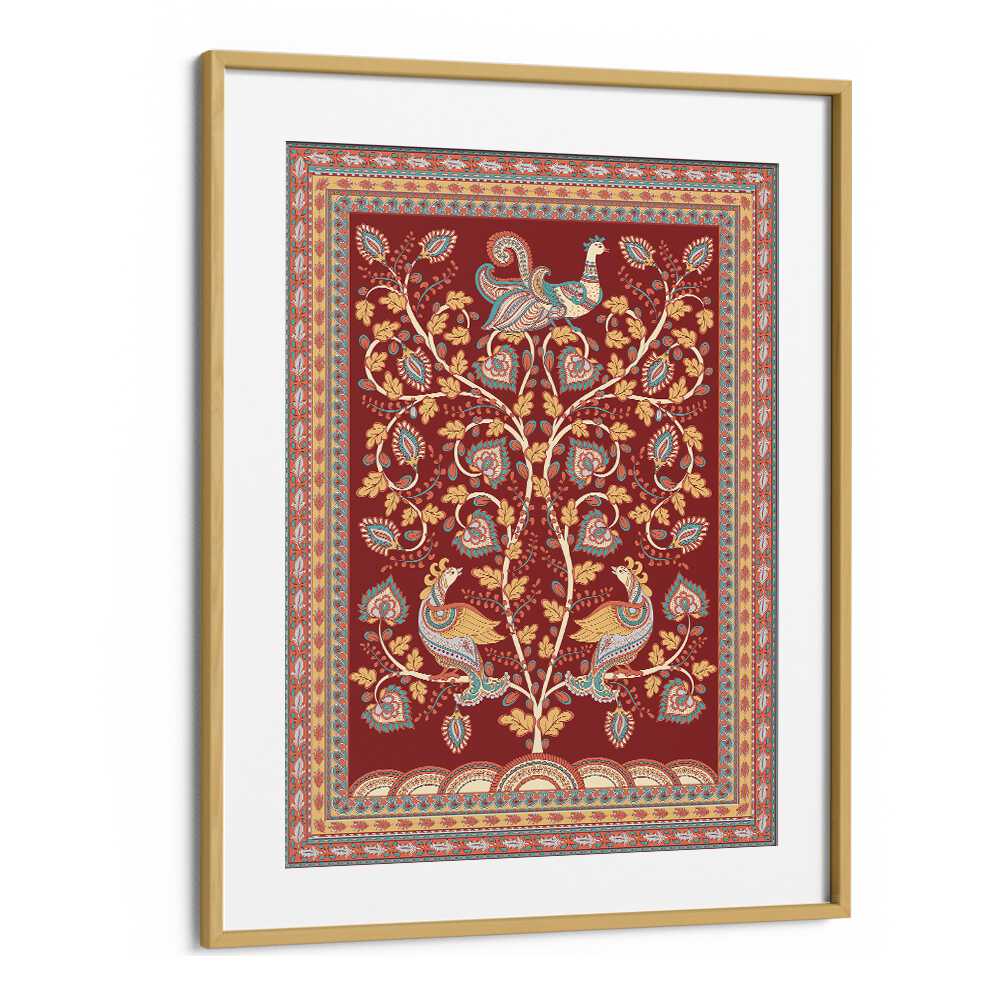 Vibrant MAYUR MANTHAN, INDIAN ART PAINTINGS featuring intricate Kalamkari design in an elegant oak wood frame.