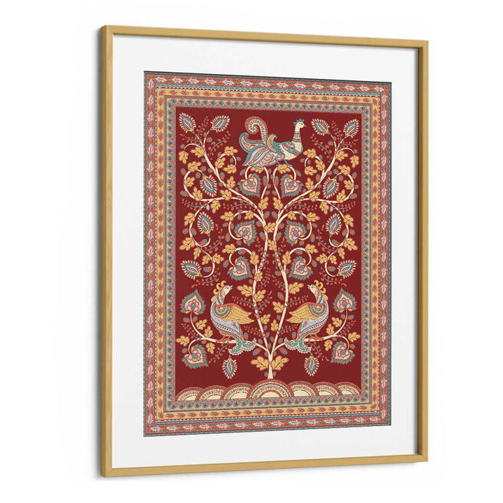 Vibrant MAYUR MANTHAN, INDIAN ART PAINTINGS featuring intricate Kalamkari design in an elegant oak wood frame.