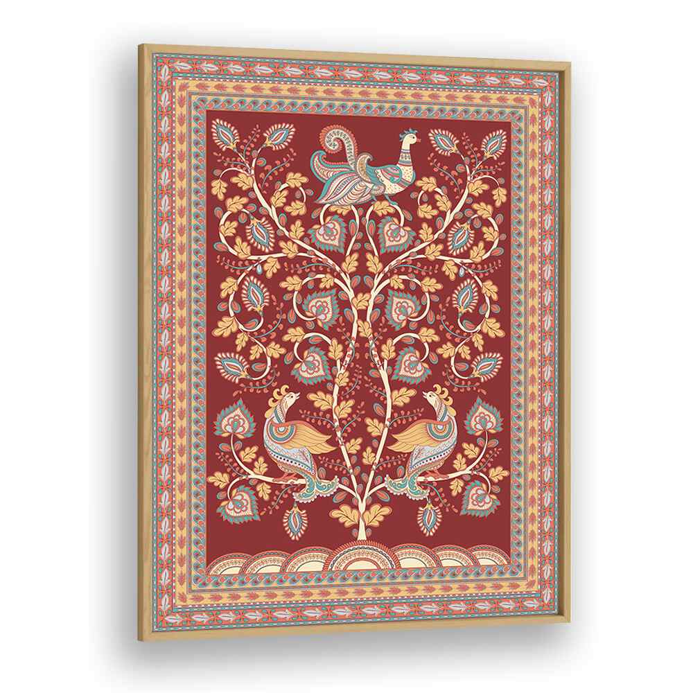Vibrant MAYUR MANTHAN, INDIAN ART PAINTINGS featuring exquisite Kalamkari craftsmanship in a beautiful oak frame.