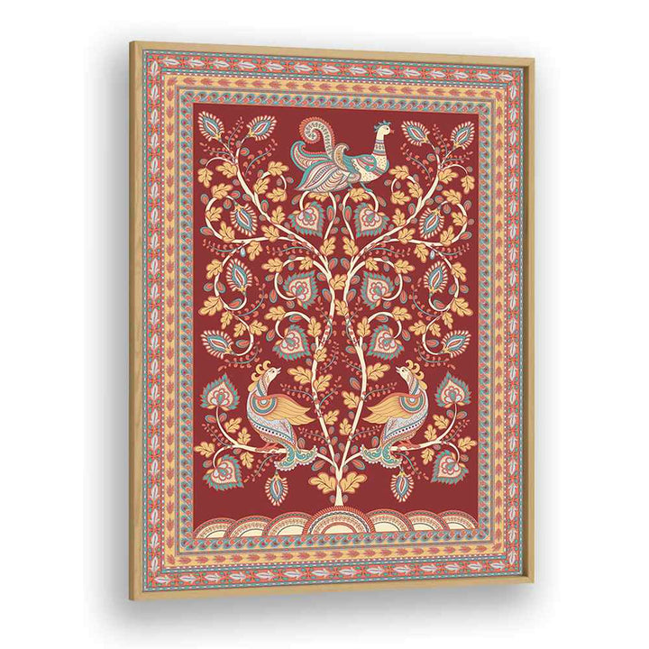 Vibrant MAYUR MANTHAN, INDIAN ART PAINTINGS featuring exquisite Kalamkari craftsmanship in a beautiful oak frame.