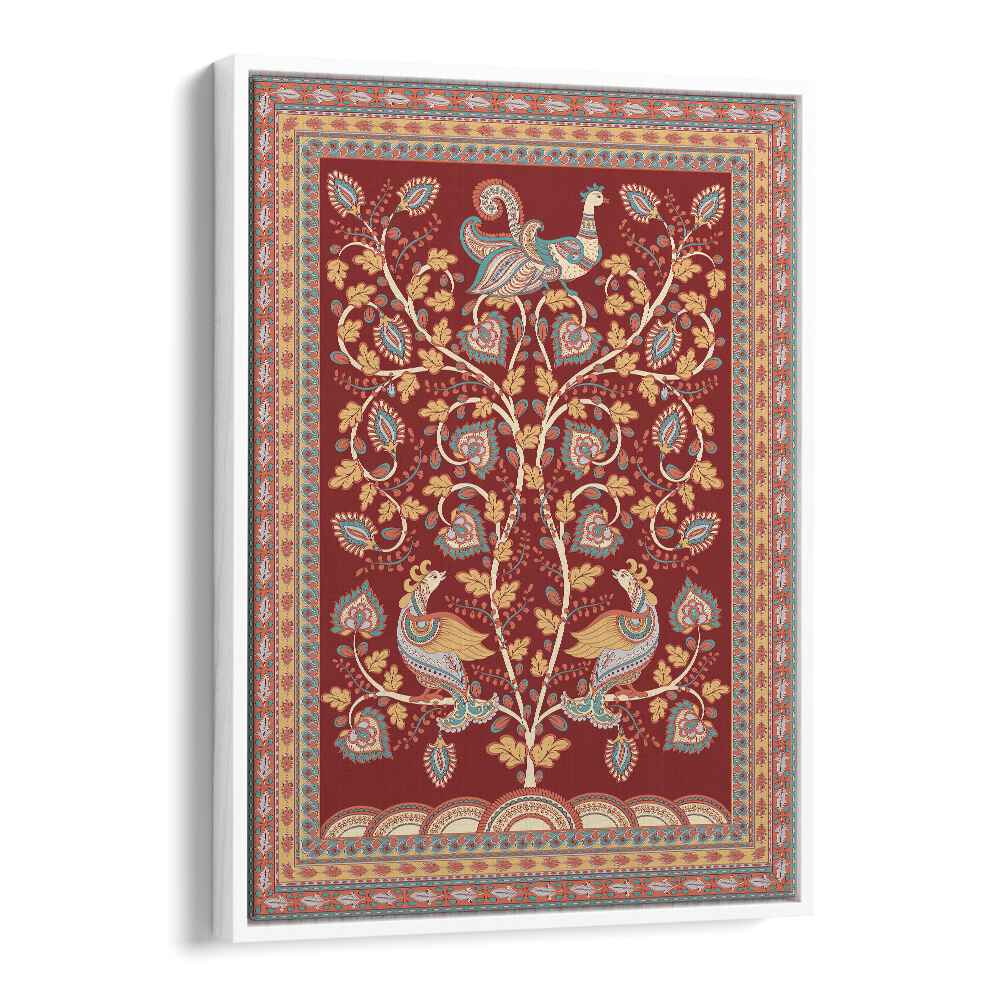 Stunning MAYUR MANTHAN, INDIAN ART PAINTINGS featuring vibrant Kalamkari design in a white floater frame.