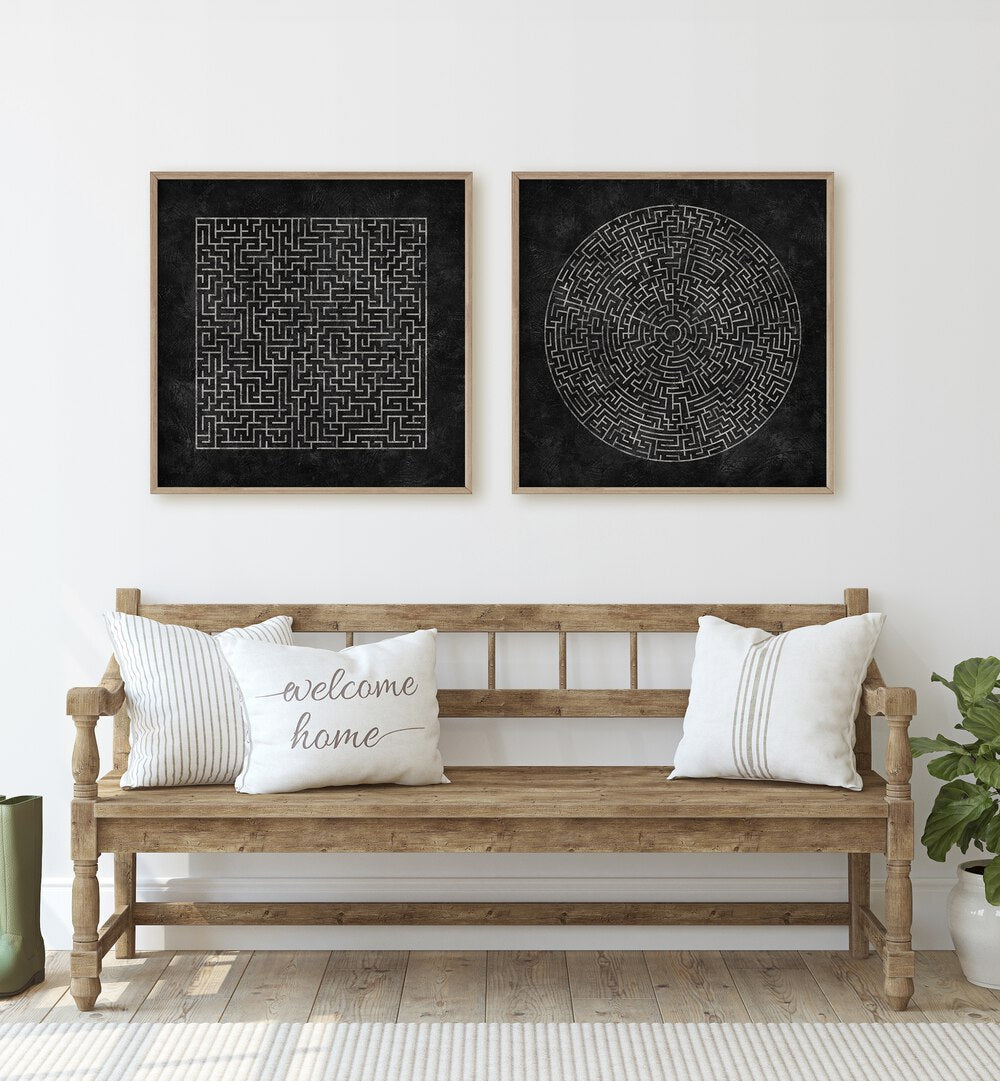 Transform your space with the MAZE JOURNEY SET, SET OF 2 PAINTINGS, featuring intricate maze designs for a modern touch.