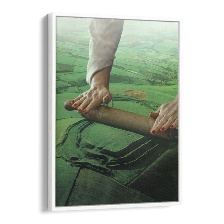 Hands rolling a surreal landscape in vibrant greens, showcasing LANDSCAPE ROLLING, SURREAL ART PRINTS by Vertigo Artography.