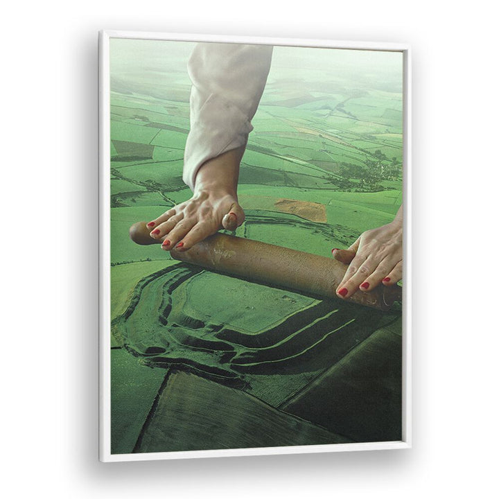 Surreal art print featuring a hand rolling over vibrant green fields, perfect for fans of LANDSCAPE ROLLING, SURREAL ART PRINTS.