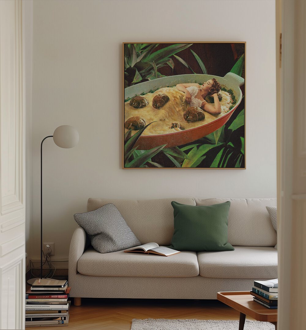 Surreal art print "MEATBALL EXTRAVAGANZA" by Vertigo Artography enhances any living space with whimsical charm.