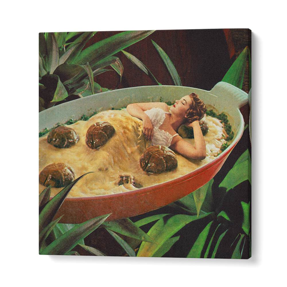 Surreal art print "Meatball Extravaganza" by Vertigo Artography, featuring a whimsical scene with a woman and meatballs.