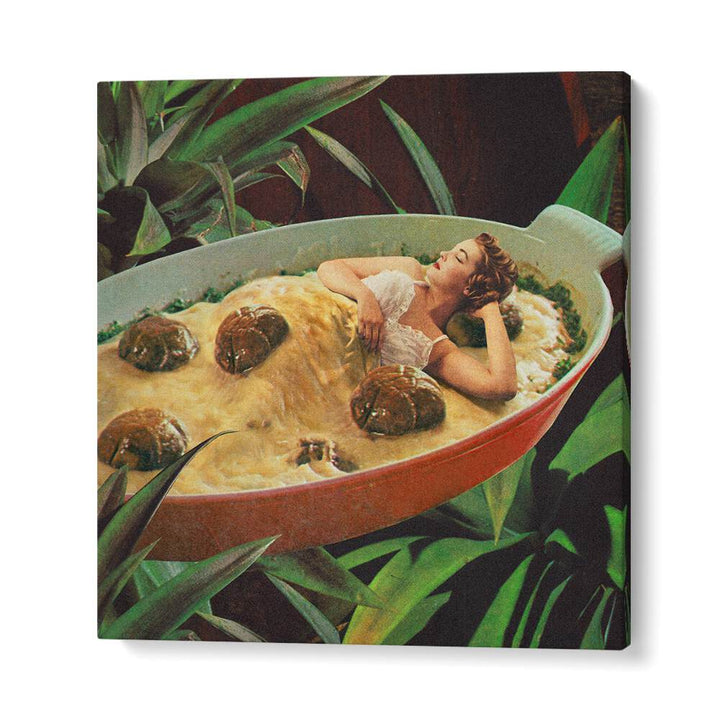 Surreal art print "Meatball Extravaganza" by Vertigo Artography, featuring a whimsical scene with a woman and meatballs.