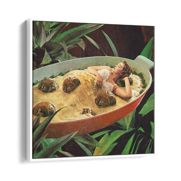 Surreal art print, MEATBALL EXTRAVAGANZA, featuring a woman in a bowl of meatballs by Vertigo Artography.