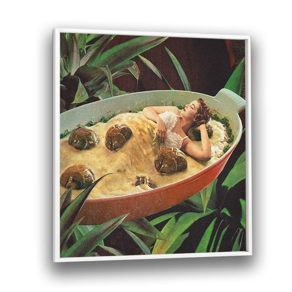 Surreal art print "MEATBALL EXTRAVAGANZA" by Vertigo Artography, featuring a whimsical scene with vintage elements.