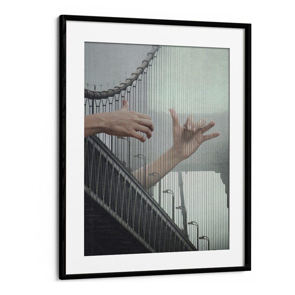 "MELODIC BRIDGE, SURREAL ART PRINTS by Vertigo Artography features hands against a striking bridge backdrop."