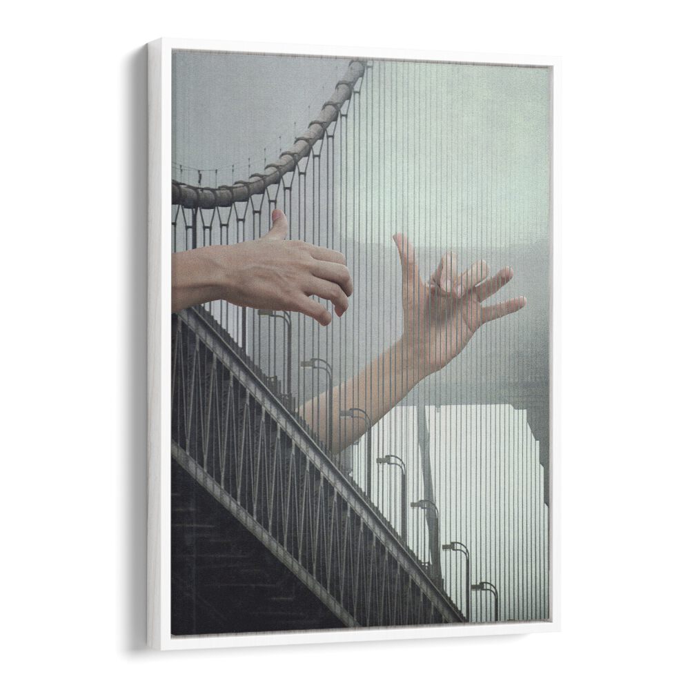 "MELODIC BRIDGE, SURREAL ART PRINTS by Vertigo Artography, featuring hands and a bridge in a stunning surreal design."