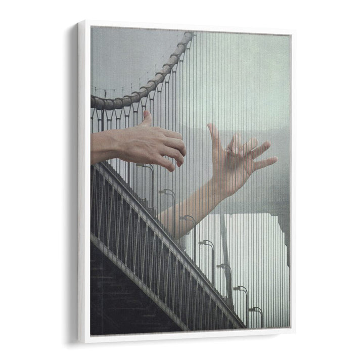 "MELODIC BRIDGE, SURREAL ART PRINTS by Vertigo Artography, featuring hands and a bridge in a stunning surreal design."