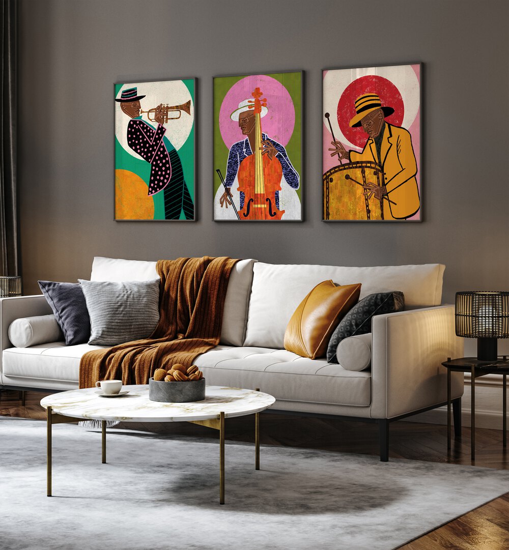 Enhance your space with the MELODIC VIBES SET, SET OF 3 PAINTINGS, featuring vibrant musical themes for tranquility.