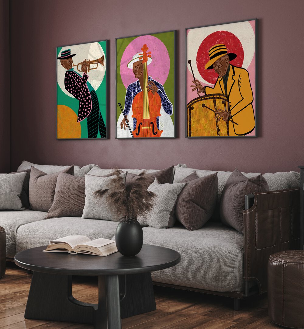 Transform your space with the MELODIC VIBES SET, SET OF 3 PAINTINGS, featuring vibrant, musical-themed artwork.
