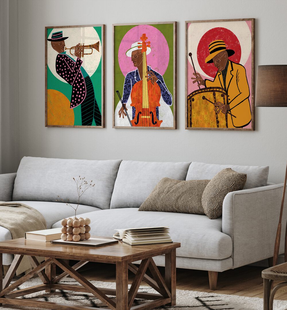 Enhance your space with the MELODIC VIBES SET, SET OF 3 PAINTINGS, featuring vibrant musical-themed artwork.