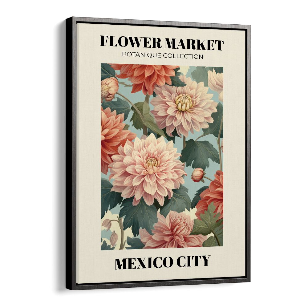 Vibrant MEXICO CITY- FLOWER MARKETO, FLORAL FLOWER PAINTINGS showcase the beauty of botanical art in a black frame.