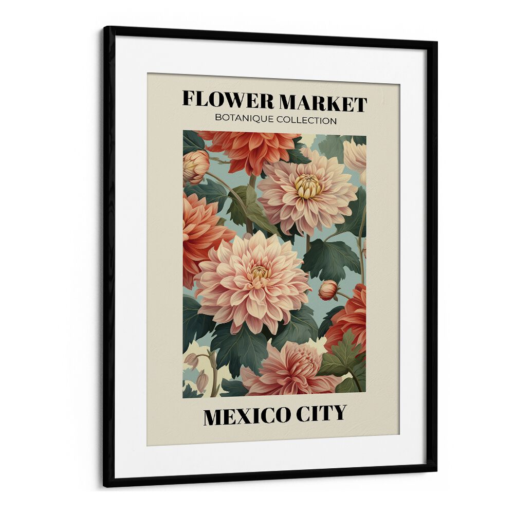 Vibrant MEXICO CITY- FLOWER MARKETO, FLORAL FLOWER PAINTINGS in a stylish black frame, showcasing botanical beauty.