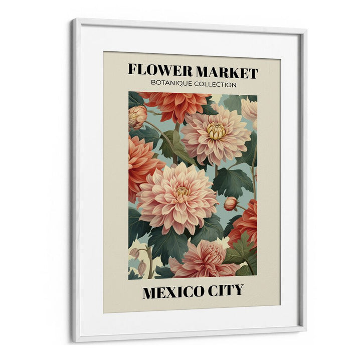 Vibrant MEXICO CITY- FLOWER MARKETO, FLORAL FLOWER PAINTINGS showcasing stunning botanical art in a white frame.