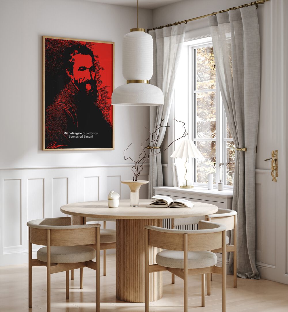 Elegant MICHELANGELO, PORTRAITS artwork enhances modern dining spaces with its striking design and artistic flair.