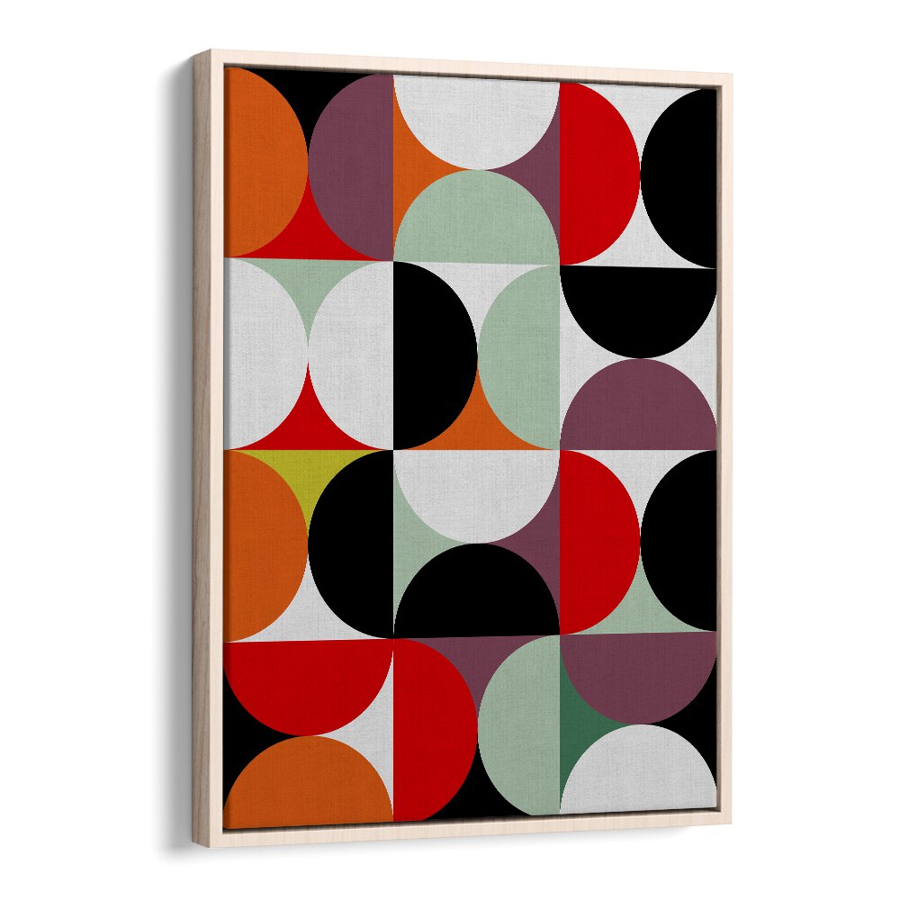 Colorful geometric design in a floater frame, showcasing MID CENTURY I, ABSTRACT PAINTINGS by Ana Rut Bre.